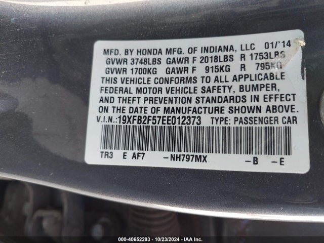 40652293 :رقم المزاد ، 19XFB2F57EE012373 vin ، 2014 Honda Civic Lx مزاد بيع