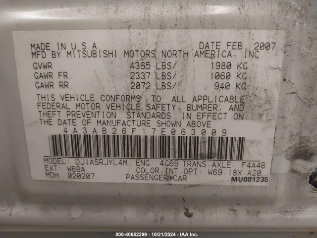 2007 MITSUBISHI GALANT 4A3AB26F17E063009 Photo 8
