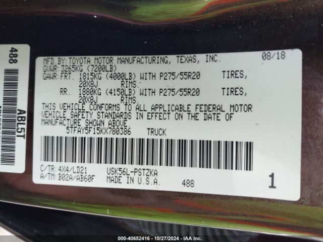 5TFAY5F15KX780386 Toyota Tundra 1794 5.7l V8