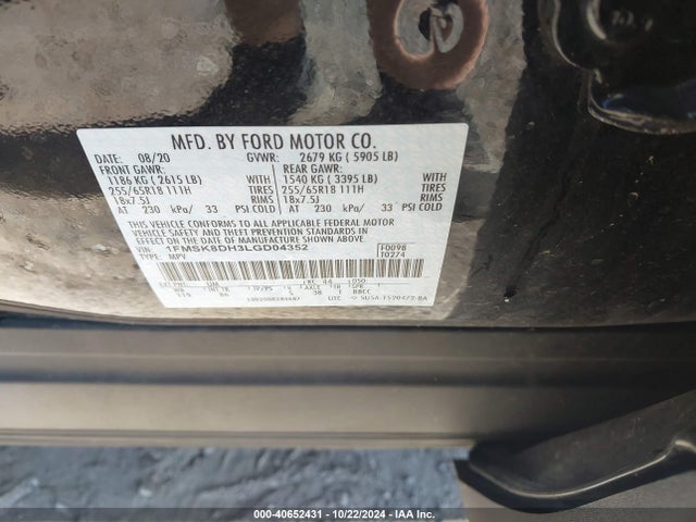Ford EXPLORER XLT 2020 1FMSK8DH3LGD04352 Image 9