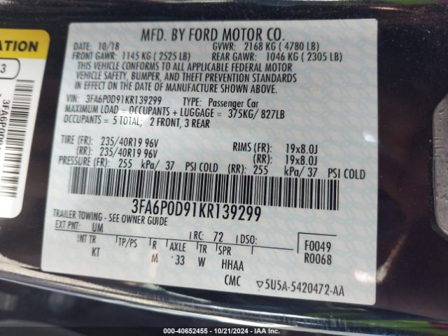 3FA6P0D91KR139299 Ford Fusion Titanium