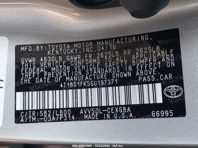 4T1BD1FK5GU197371 Toyota Camry Hybrid Xle