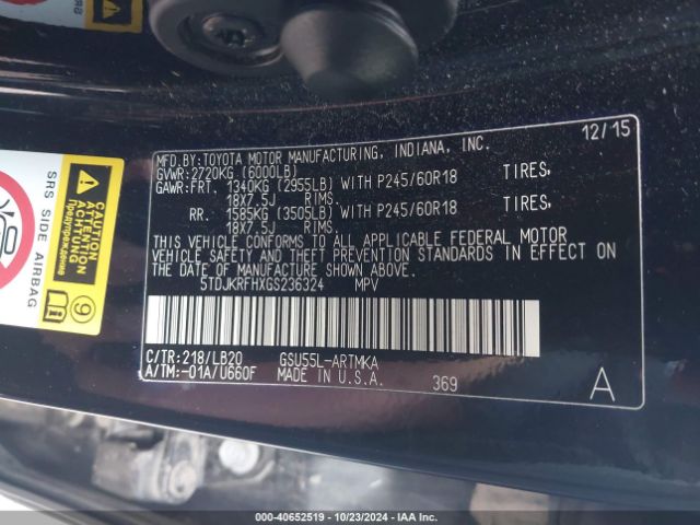 5TDJKRFHXGS236324 Toyota Highlander Xle V6