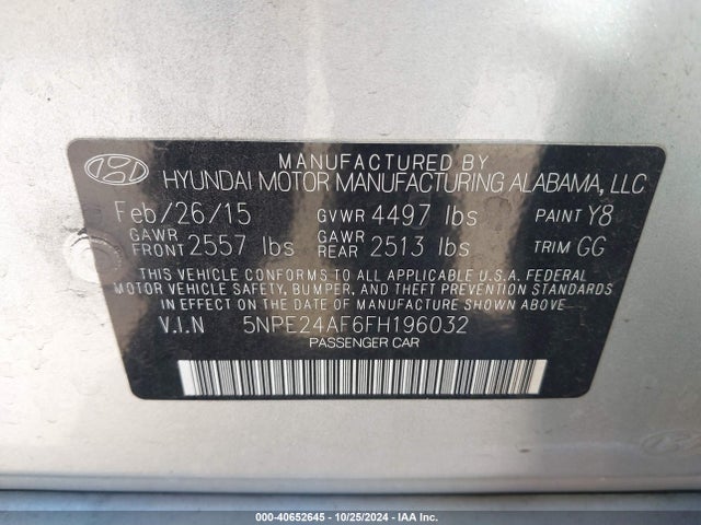 Hyundai SONATA SE 2015 5NPE24AF6FH196032 Image 9