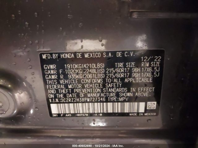 3CZRZ2H38PM727346 Honda Hr-v Awd Lx