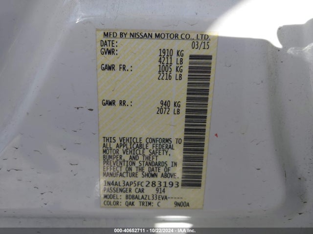 Nissan ALTIMA 2.5 2015 1N4AL3AP5FC283193 Image 9