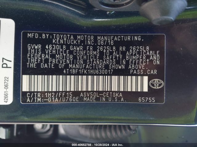 4T1BF1FK1HU630017 Toyota CAMRY SE