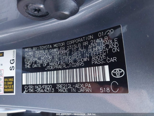 Toyota COROLLA LE 2020 JTDEPRAE9LJ102895 Image 9
