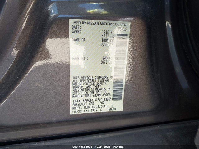 Nissan Altima 2.5 S 2015 1N4AL3AP6FC464187 Image 9