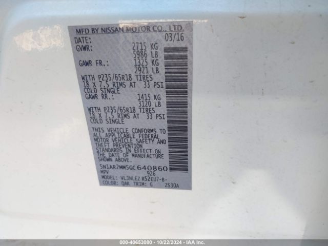 5N1AR2MM5GC640860 Nissan Pathfinder Platinum/s/sl/sv