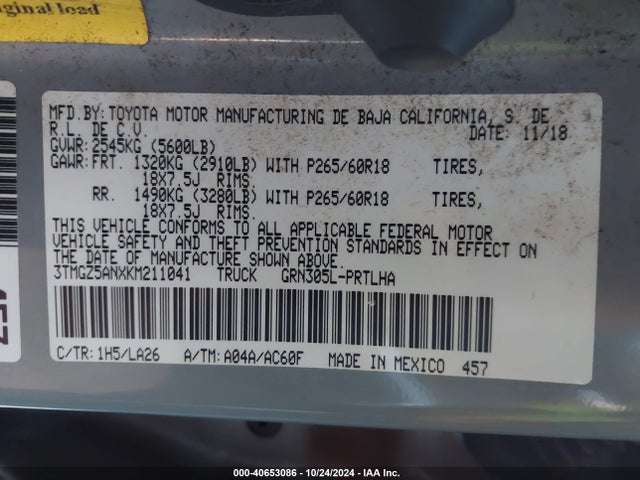 3TMGZ5ANXKM211041 Toyota Tacoma Limited