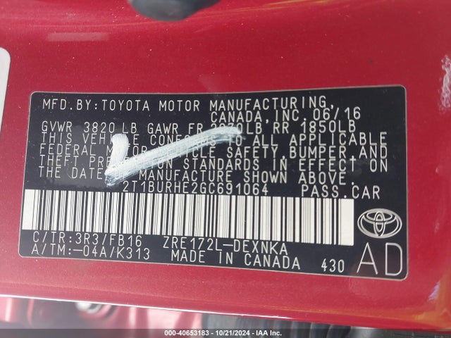 Toyota Corolla Le Plus 2016 2T1BURHE2GC691064 Image 9