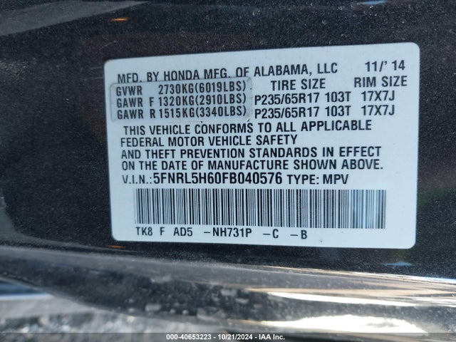 Honda Odyssey Ex-l 2015 5FNRL5H60FB040576 Image 9