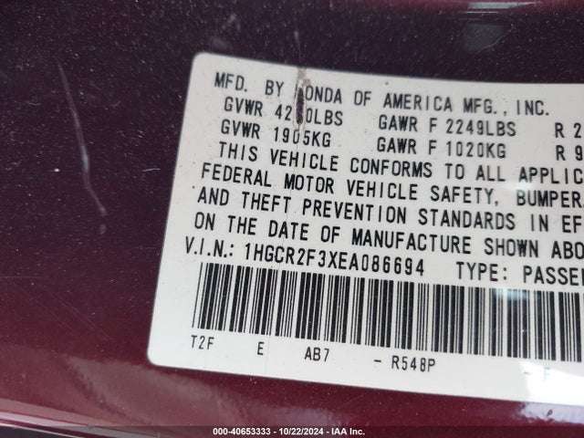 Honda ACCORD LX 2014 1HGCR2F3XEA086694 Image 9