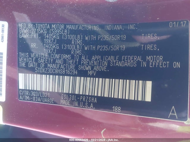 5TDXZ3DC8HS816294 Toyota SIENNA SE