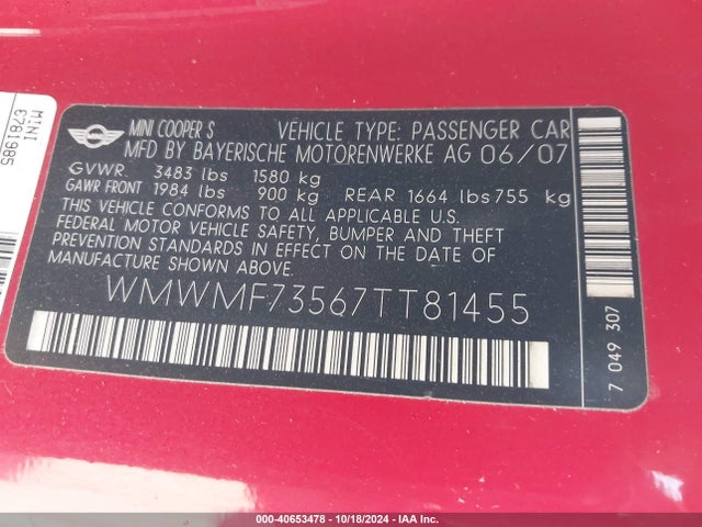 2007 MINI COOPER S WMWMF73567TT81455 Photo 8