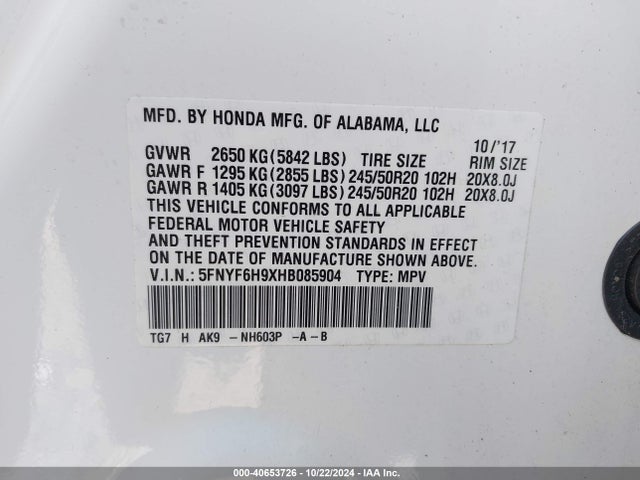 Honda Pilot Touring 2017 5FNYF6H9XHB085904 Image 9