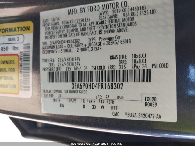 3FA6P0HD4FR168302 Ford FUSION SE