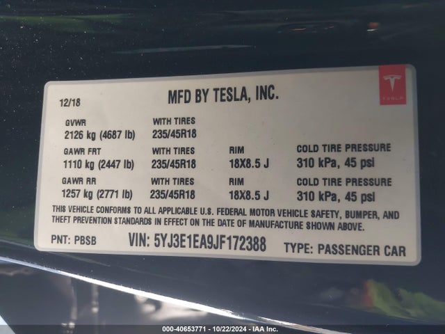 Tesla MODEL 3 2018 5YJ3E1EA9JF172388 Image 9