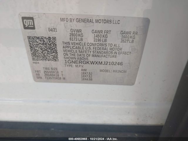 1GNERGKWXMJ210246 Chevrolet Traverse Fwd Lt Cloth
