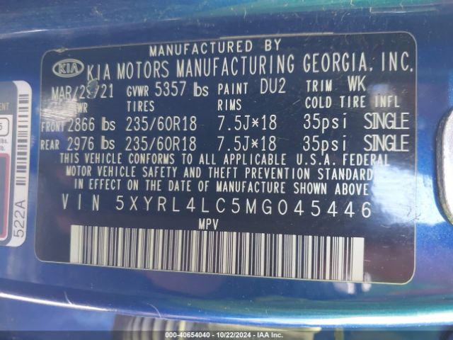5XYRL4LC5MG045446 KIA SORENTO S