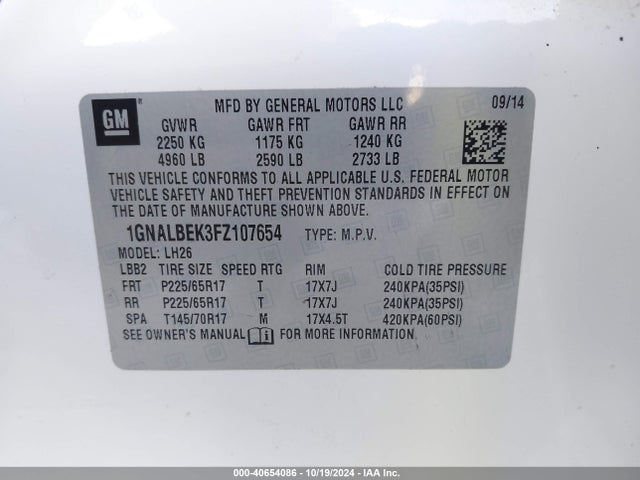 Chevrolet EQUINOX 1LT 2015 1GNALBEK3FZ107654 Image 9