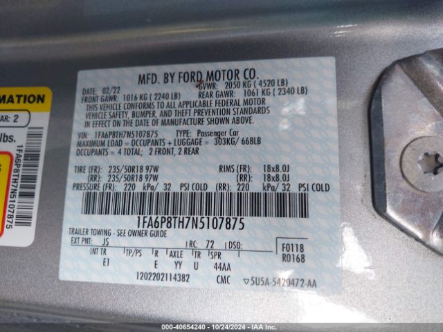 1FA6P8TH7N5107875 Ford Mustang Ecoboost Premium