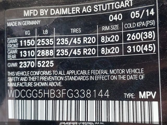 WDCGG5HB3FG338144 Mercedes-Benz GLK 350