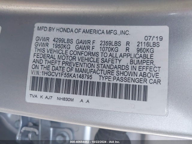 Honda Accord Ex-l 2019 1HGCV1F55KA148795 Image 9
