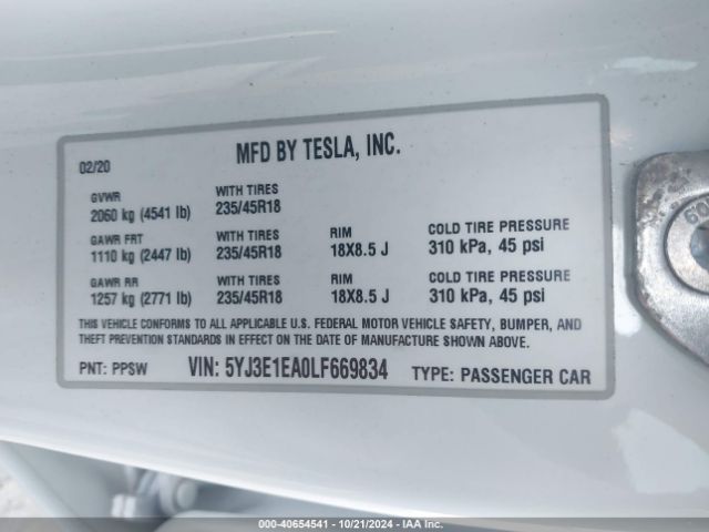 5YJ3E1EA0LF669834 Tesla Model 3 Standard Range Plus Rear-wheel Drive/standard Range Rear-wheel Drive