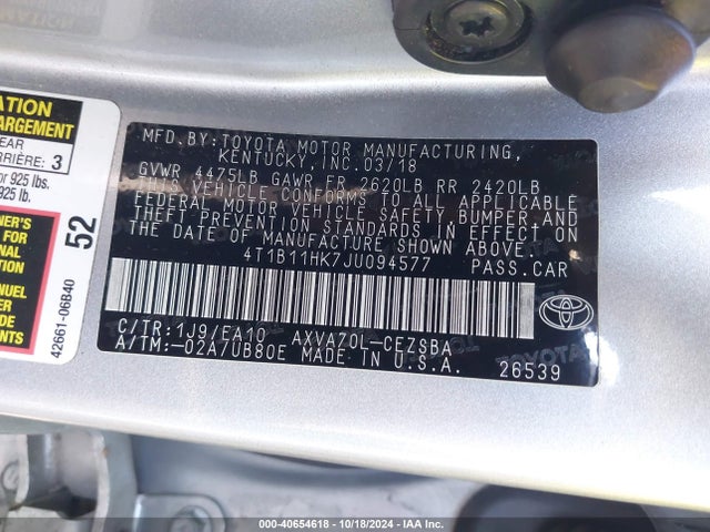 Toyota CAMRY SE 2018 4T1B11HK7JU094577 Image 9
