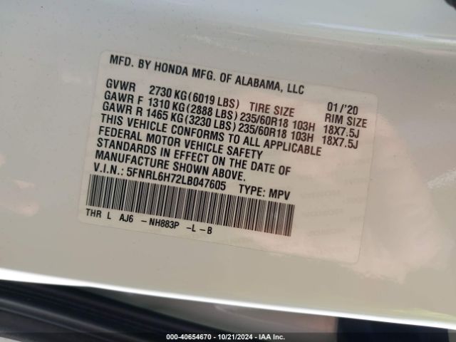 5FNRL6H72LB047605 Honda Odyssey Ex-l/ex-l W/navi   Res