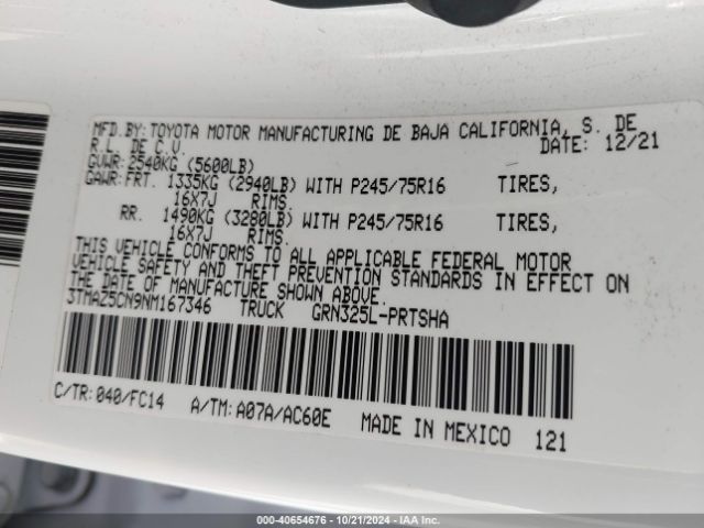 3TMAZ5CN9NM167346 Toyota Tacoma Sr5 V6