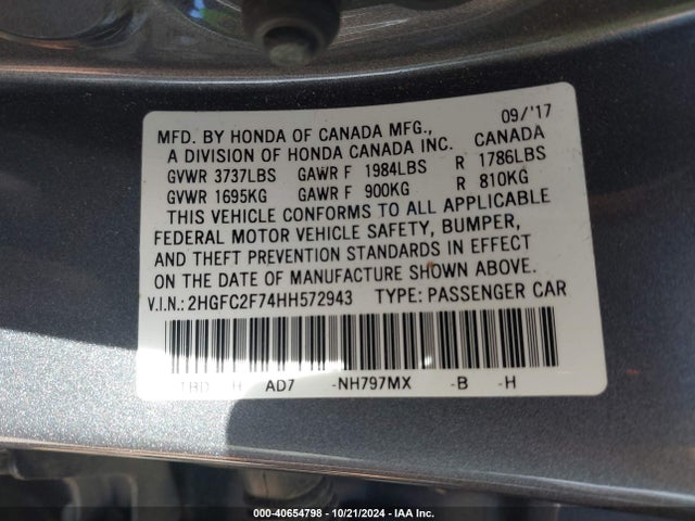 Honda CIVIC EX 2017 2HGFC2F74HH572943 Image 9