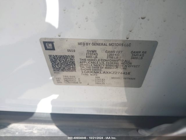 1GKKNKLAXKZ274416 GMC Acadia Sle-1