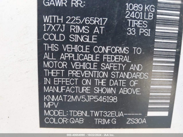 40654990 :رقم المزاد ، KNMAT2MV5JP546198 vin ، 2018 Nissan Rogue Sv مزاد بيع