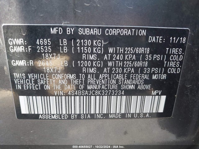 Subaru Outback 2.5i Limited 2019 4S4BSAJC8K3273234 Image 9