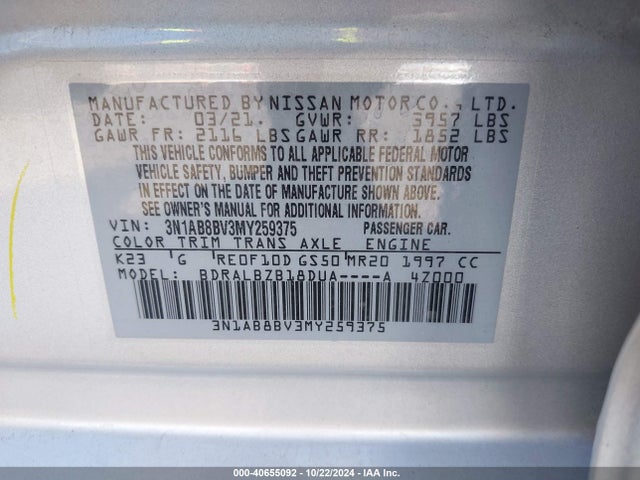Nissan Sentra S Xtronic Cvt 2021 3N1AB8BV3MY259375 Image 9
