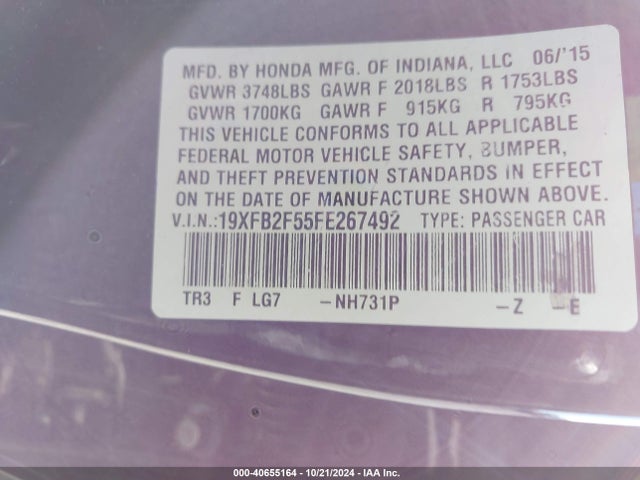 Honda Civic Lx 2015 19XFB2F55FE267492 Image 9