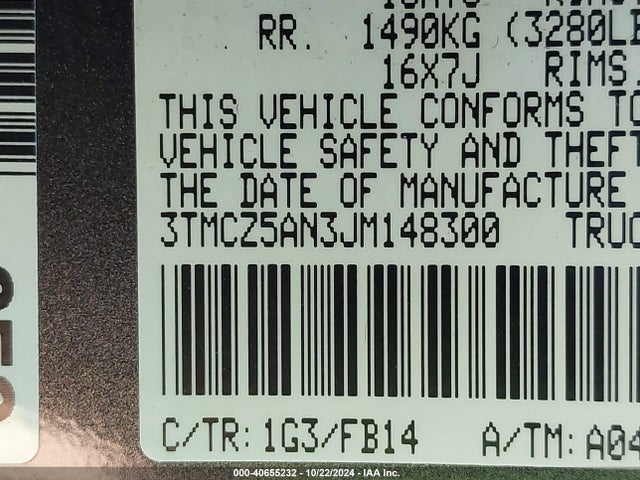 3TMCZ5AN3JM148300 Toyota Tacoma Sr V6