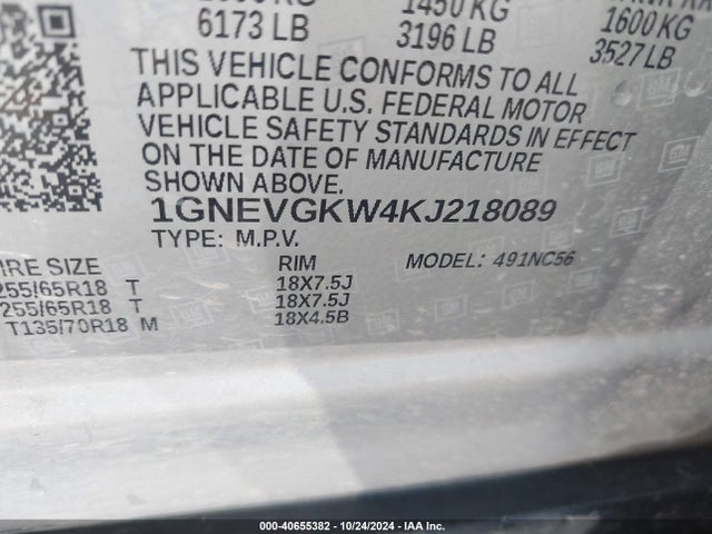Chevrolet Traverse 1lt 2019 1GNEVGKW4KJ218089 Image 9