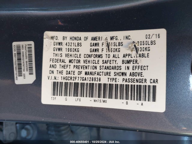 Honda ACCORD EX 2016 1HGCR2F77GA128938 Image 9