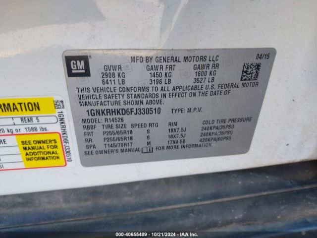 1GNKRHKD6FJ330510 Chevrolet Traverse 2lt