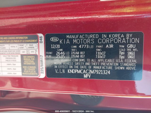 KNDPMCAC2M7921324 KIA Sportage Lx