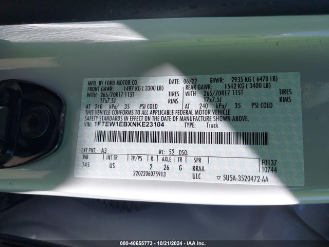 Ford F-150 Xlt 2022 1FTEW1EBXNKE23104 Image 9