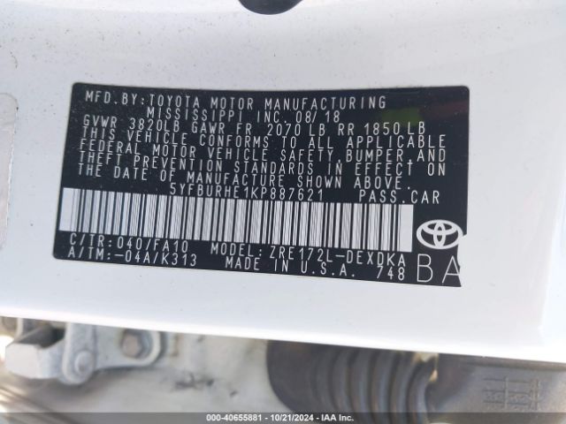 5YFBURHE1KP887621 Toyota COROLLA L