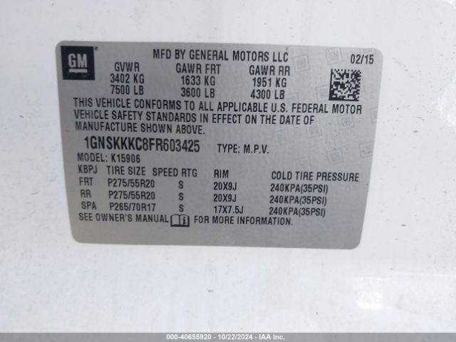 1GNSKKKC8FR603425 Chevrolet Suburban 1500 Ltz