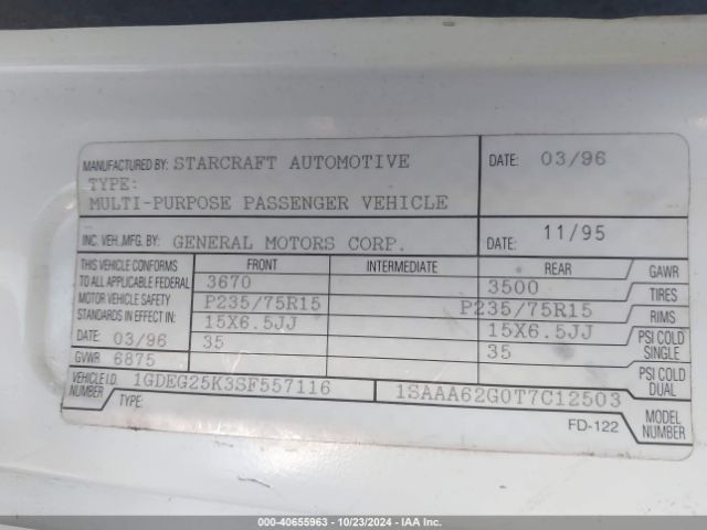 1995 GMC RALLY WAGON / VAN 1GDEG25K3SF557116 Photo 8