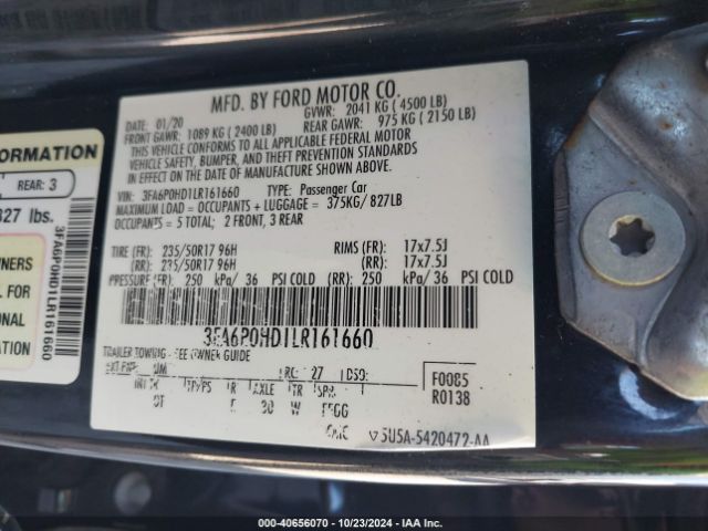 Ford FUSION SE 2020 3FA6P0HD1LR161660 Image 9