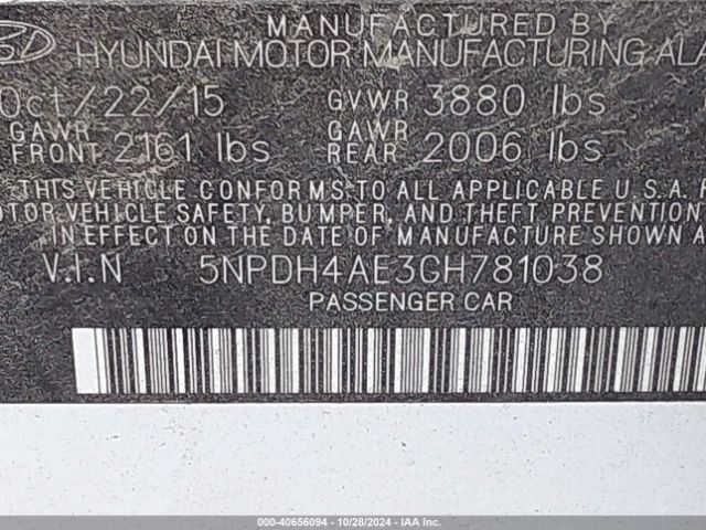 5NPDH4AE3GH781038 Hyundai ELANTRA SE